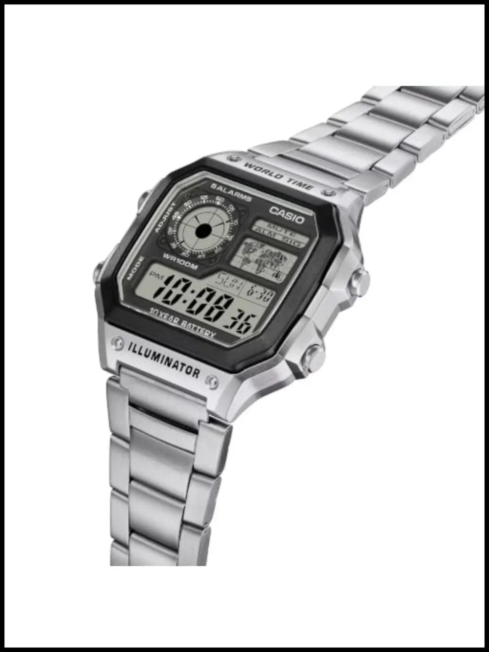 Casio Men's Digital Watch Stainless Steel World Time 100M WR 10 Year Battery